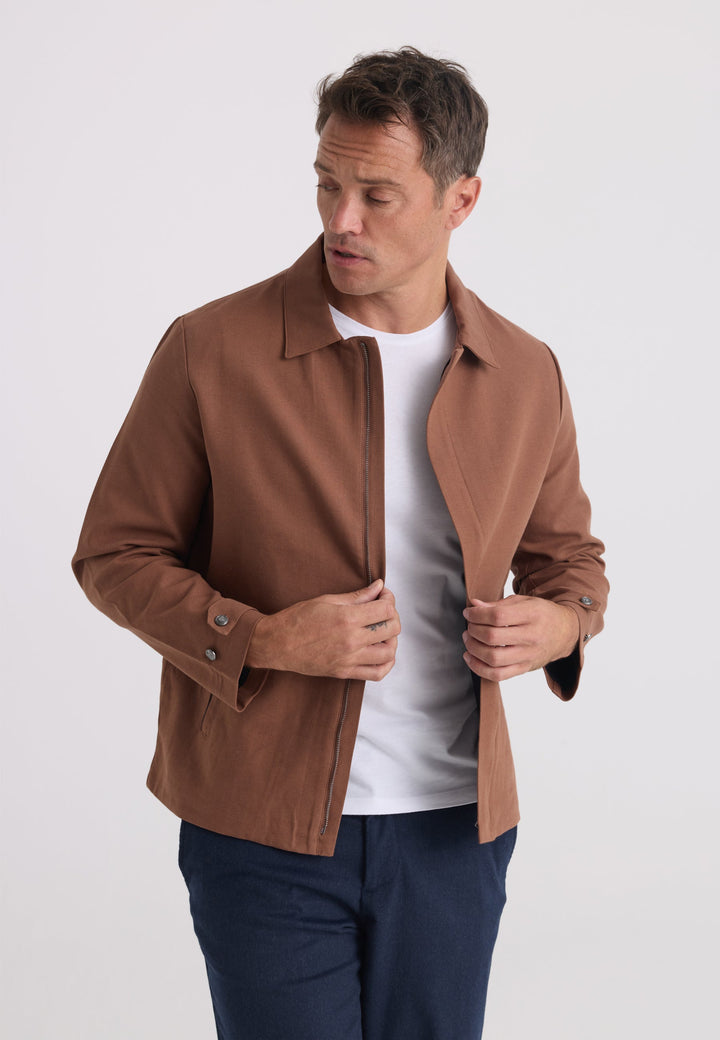 Felix Hardy Homme Veste Saisonnière Zippée Mélange Coton Lin - Marron