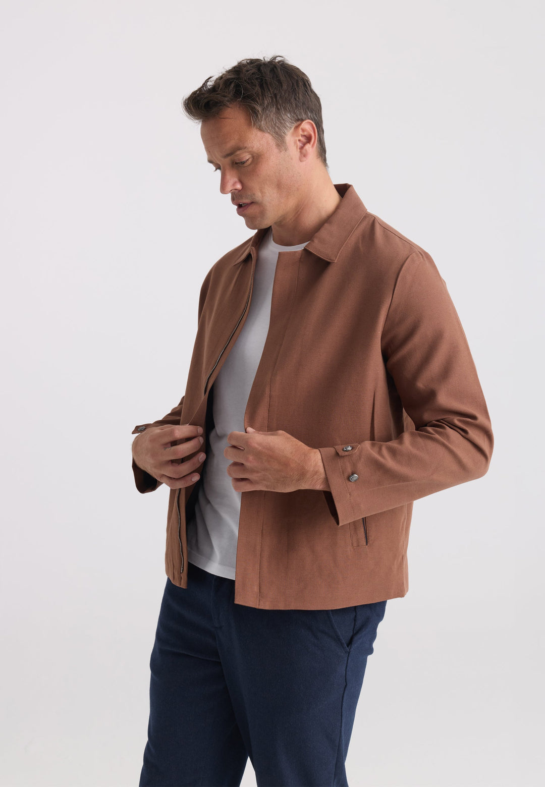 Felix Hardy Homme Veste Saisonnière Zippée Mélange Coton Lin - Marron