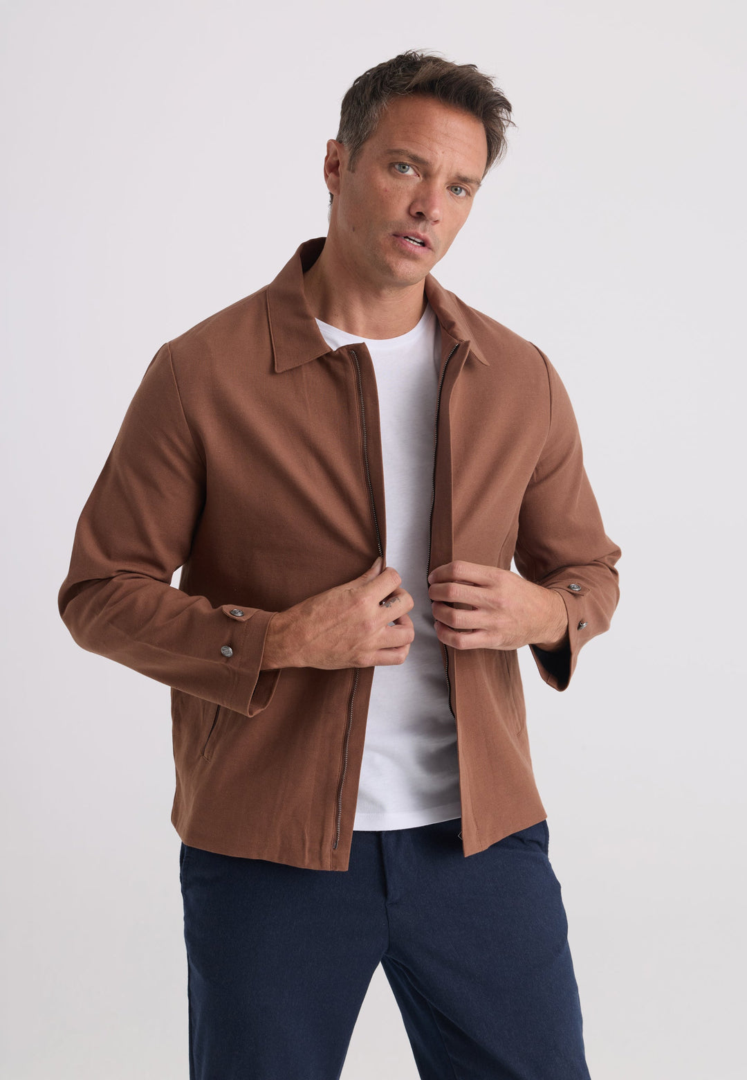 Felix Hardy Homme Veste Saisonnière Zippée Mélange Coton Lin - Marron