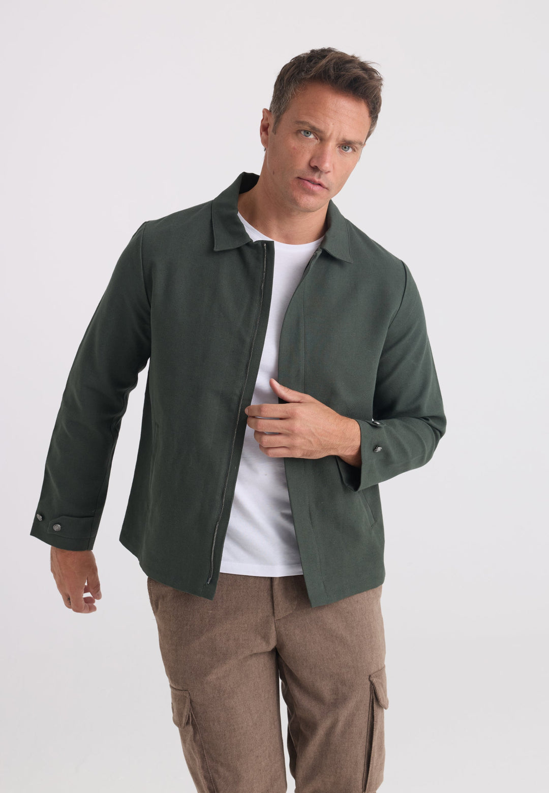 Felix Hardy Homme Veste Saisonnière Zippée Mélange Coton Lin - Kaki