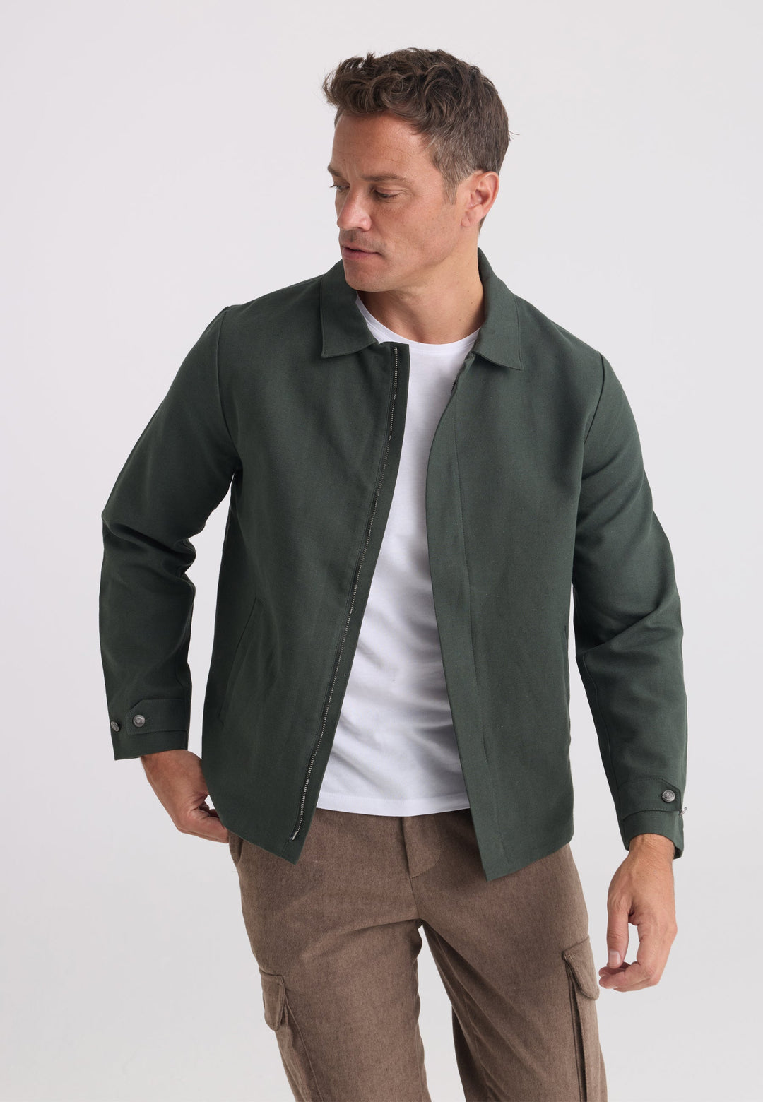 Felix Hardy Homme Veste Saisonnière Zippée Mélange Coton Lin - Kaki
