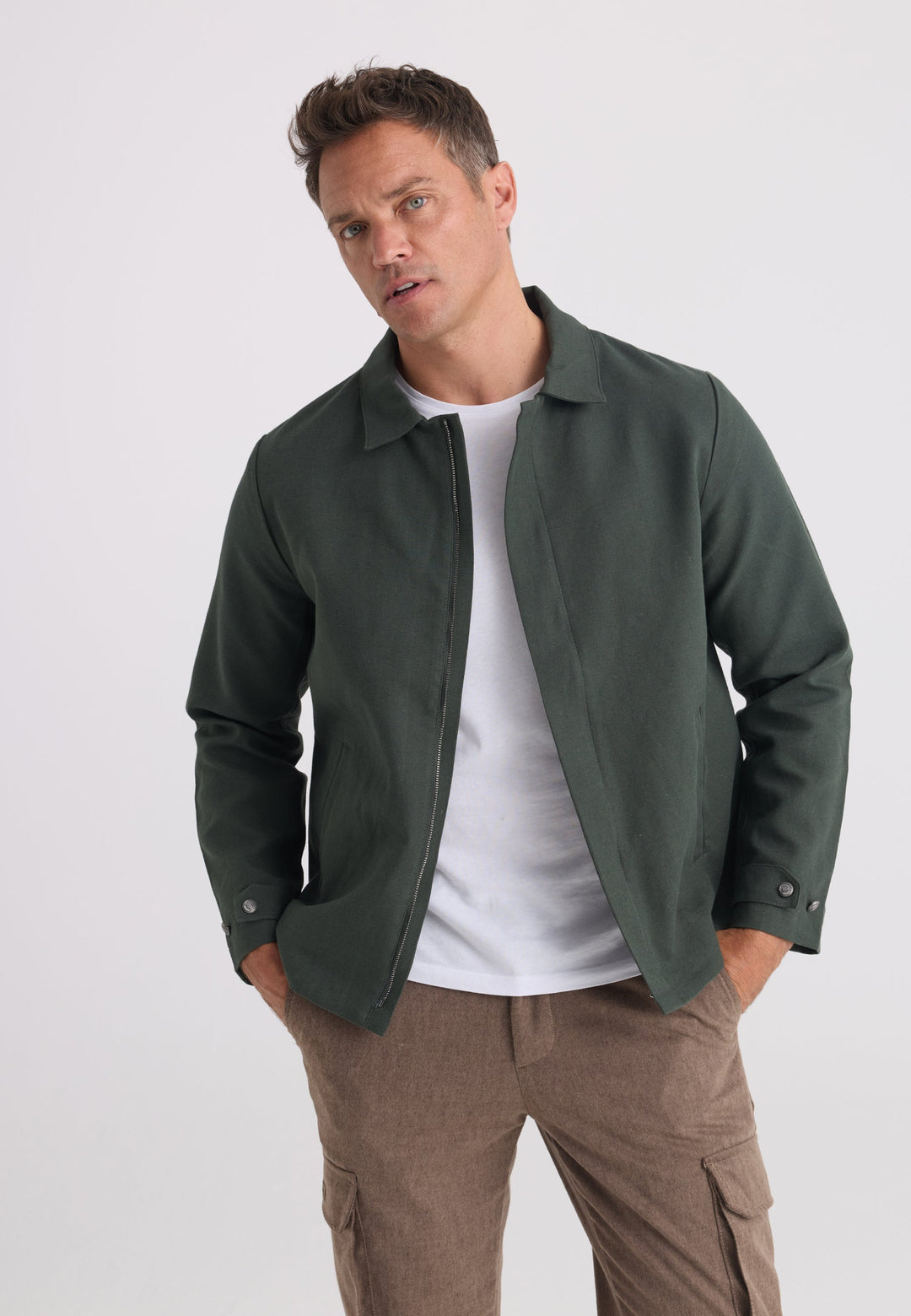 Felix Hardy Homme Veste Saisonnière Zippée Mélange Coton Lin - Kaki