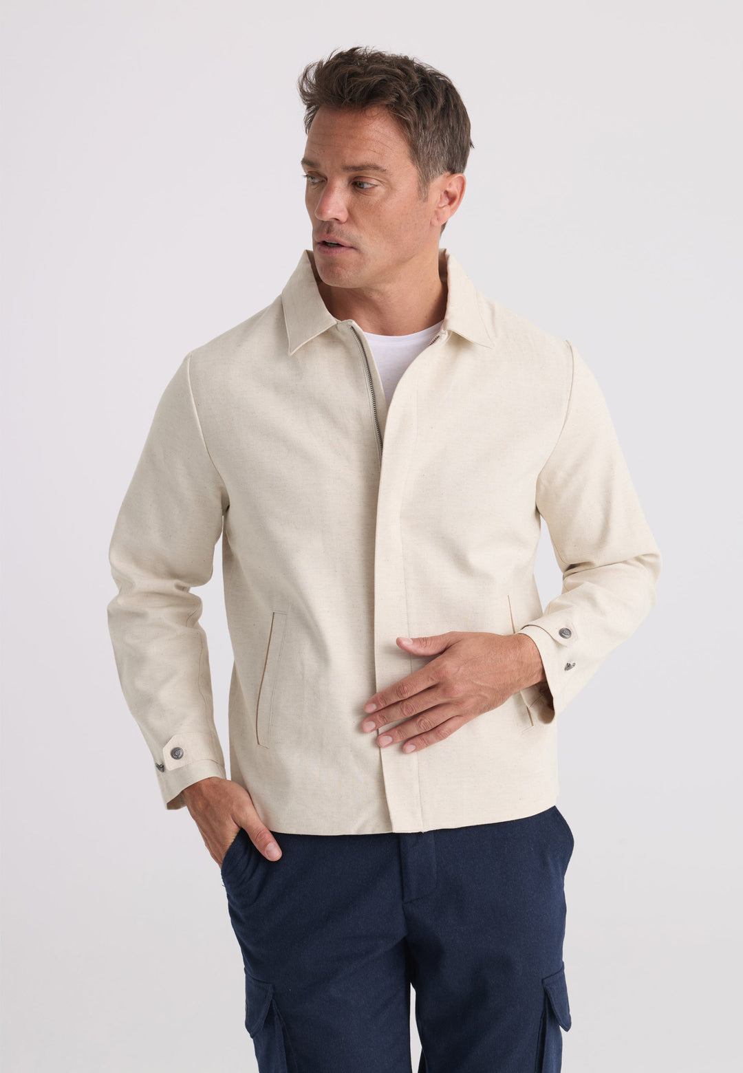 Felix Hardy Homme Veste Saisonnière Zippée Mélange Coton Lin - Beige