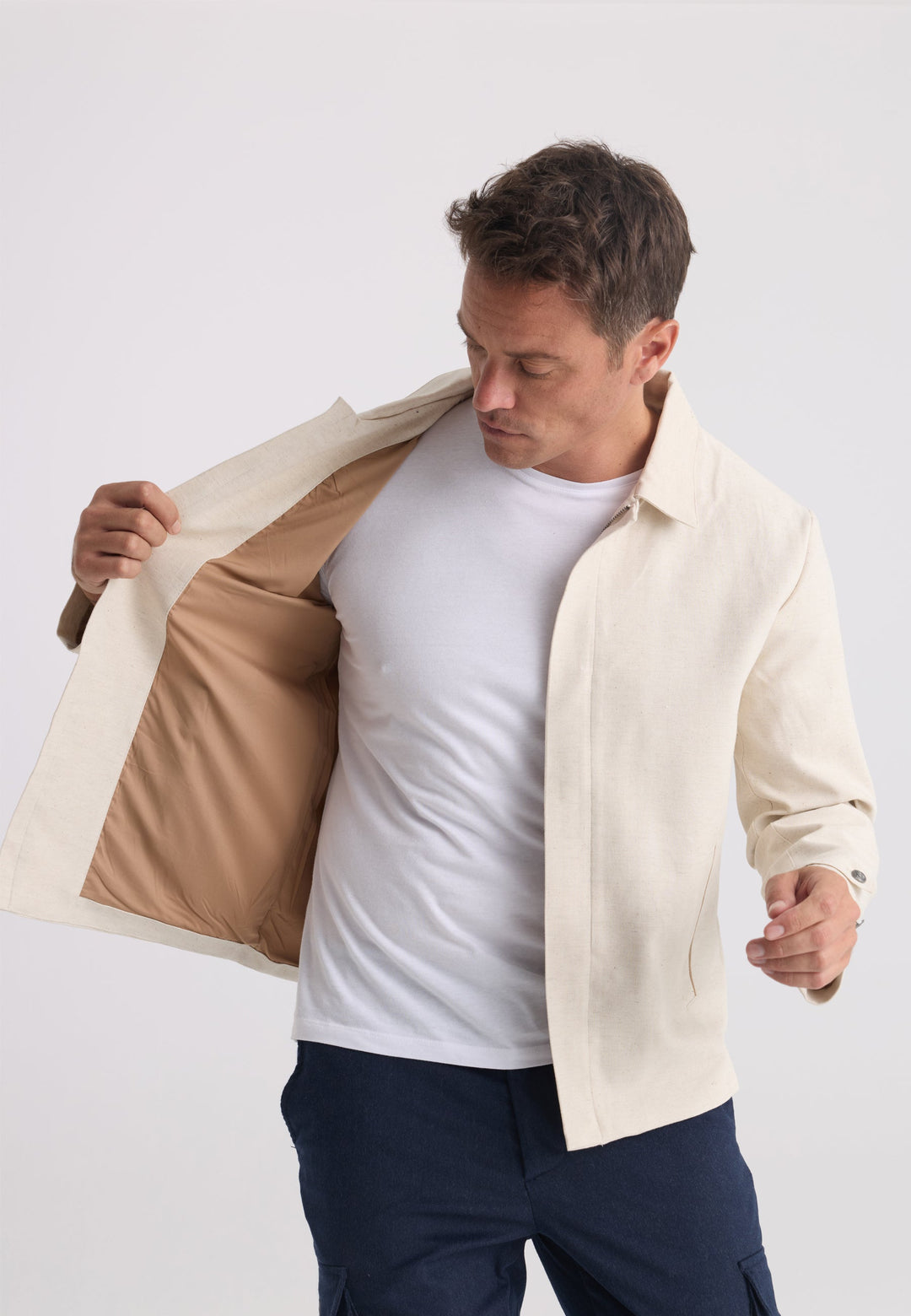 Felix Hardy Homme Veste Saisonnière Zippée Mélange Coton Lin - Beige