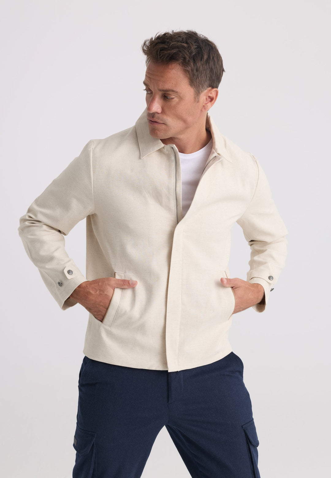 Felix Hardy Homme Veste Saisonnière Zippée Mélange Coton Lin - Beige