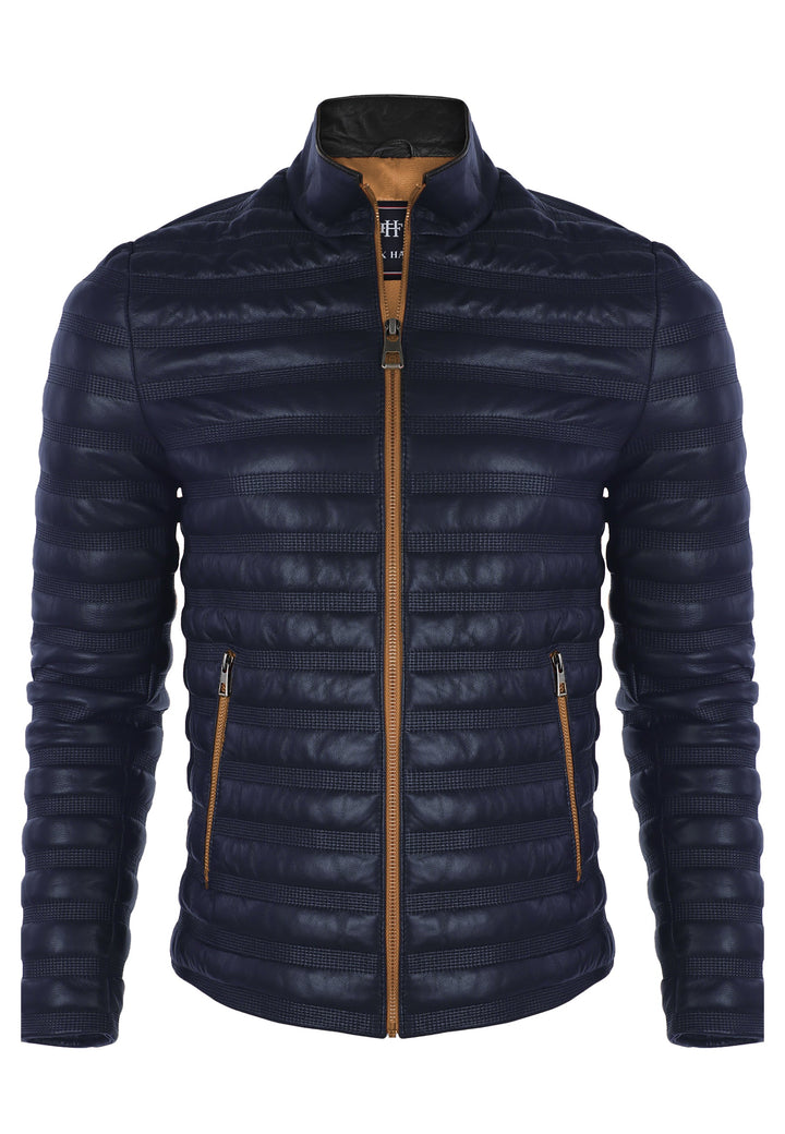 Felix Hardy Veste en Cuir Véritable Matelassée pour Homme - Bleu marine