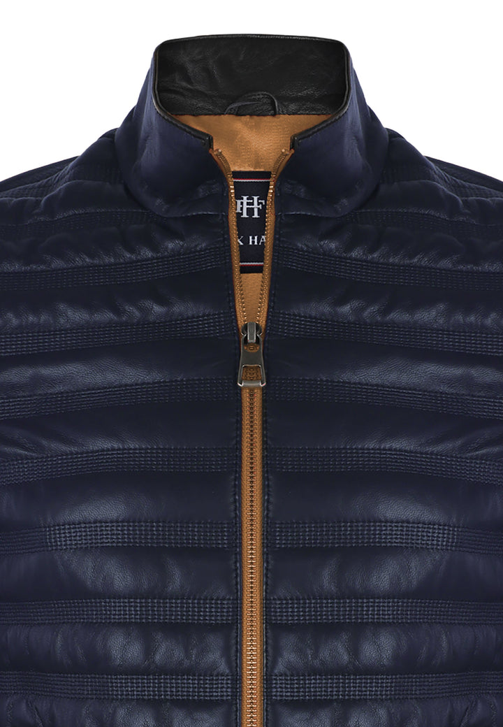 Felix Hardy Veste en Cuir Véritable Matelassée pour Homme - Bleu marine