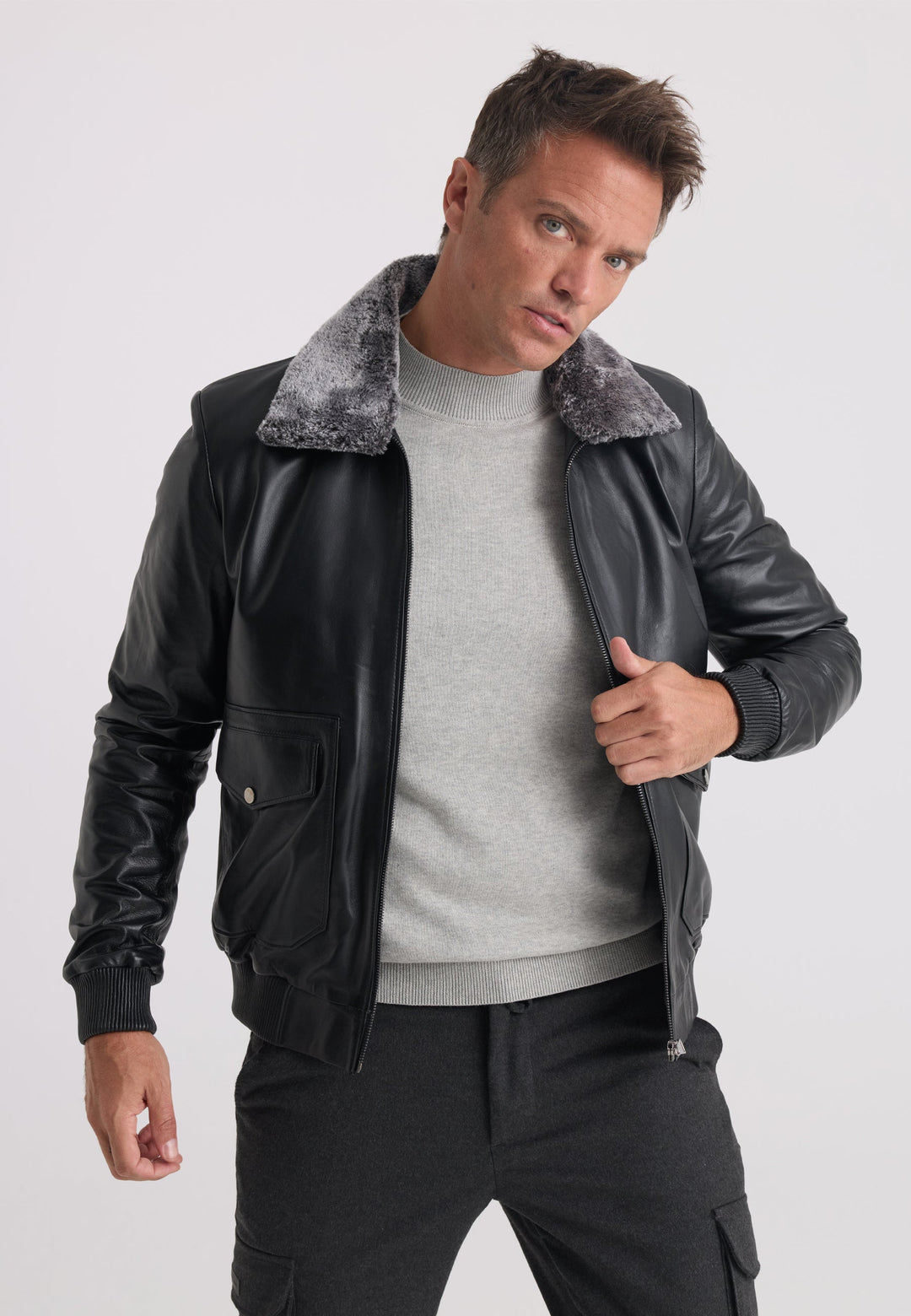 Felix Hardy Veste en Cuir avec Col en Fourrure pour Homme - Noir