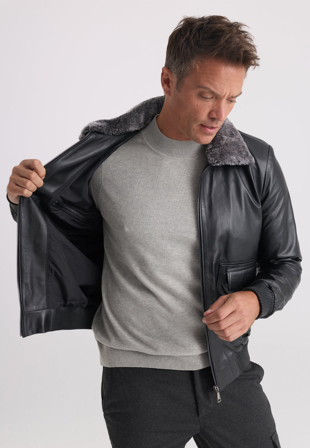 Felix Hardy Veste en Cuir avec Col en Fourrure pour Homme - Noir