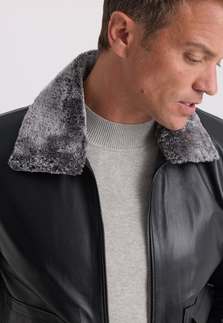 Felix Hardy Veste en Cuir avec Col en Fourrure pour Homme - Noir