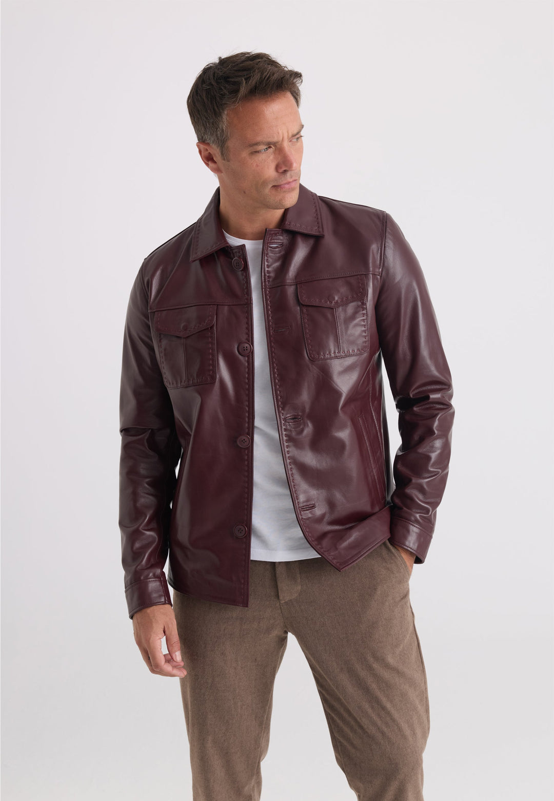 Felix Hardy Veste en Cuir Classique à Boutons pour Homme - Bordeaux