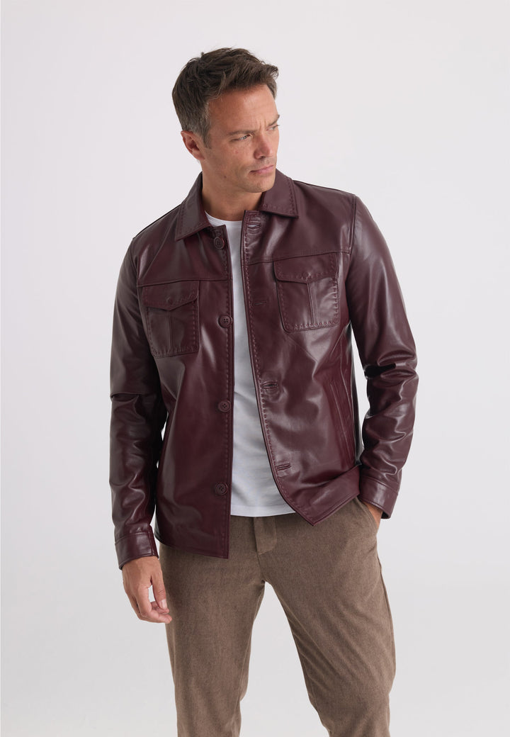 Felix Hardy Veste en Cuir Classique à Boutons pour Homme - Bordeaux
