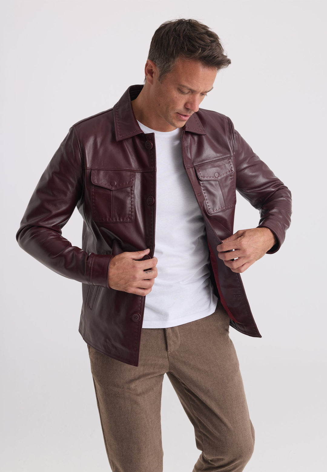 Felix Hardy Veste en Cuir Classique à Boutons pour Homme - Bordeaux