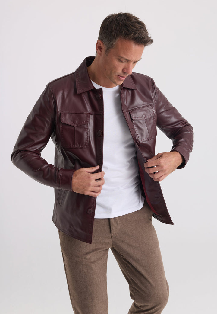 Felix Hardy Veste en Cuir Classique à Boutons pour Homme - Bordeaux