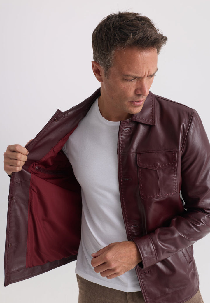 Felix Hardy Veste en Cuir Classique à Boutons pour Homme - Bordeaux