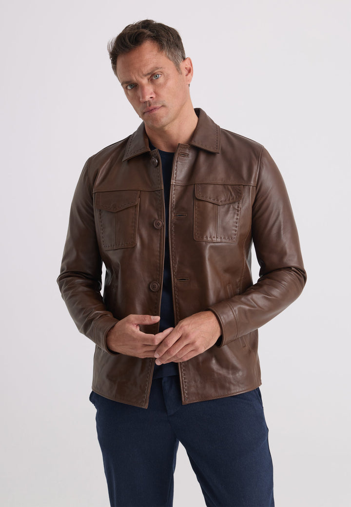 Felix Hardy Veste en Cuir Classique à Boutons pour Homme - Marron