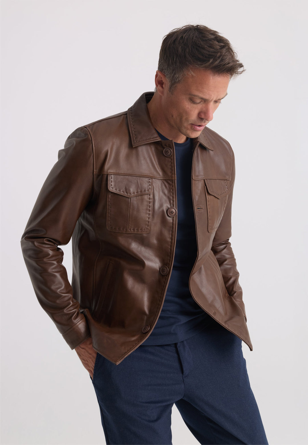 Felix Hardy Veste en Cuir Classique à Boutons pour Homme - Marron