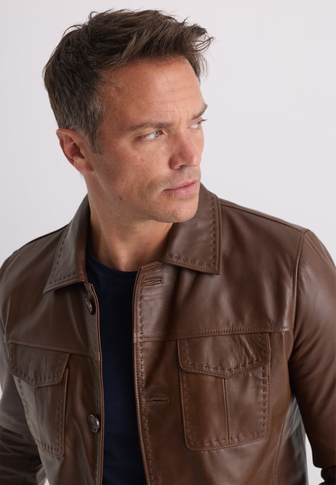 Felix Hardy Veste en Cuir Classique à Boutons pour Homme - Marron