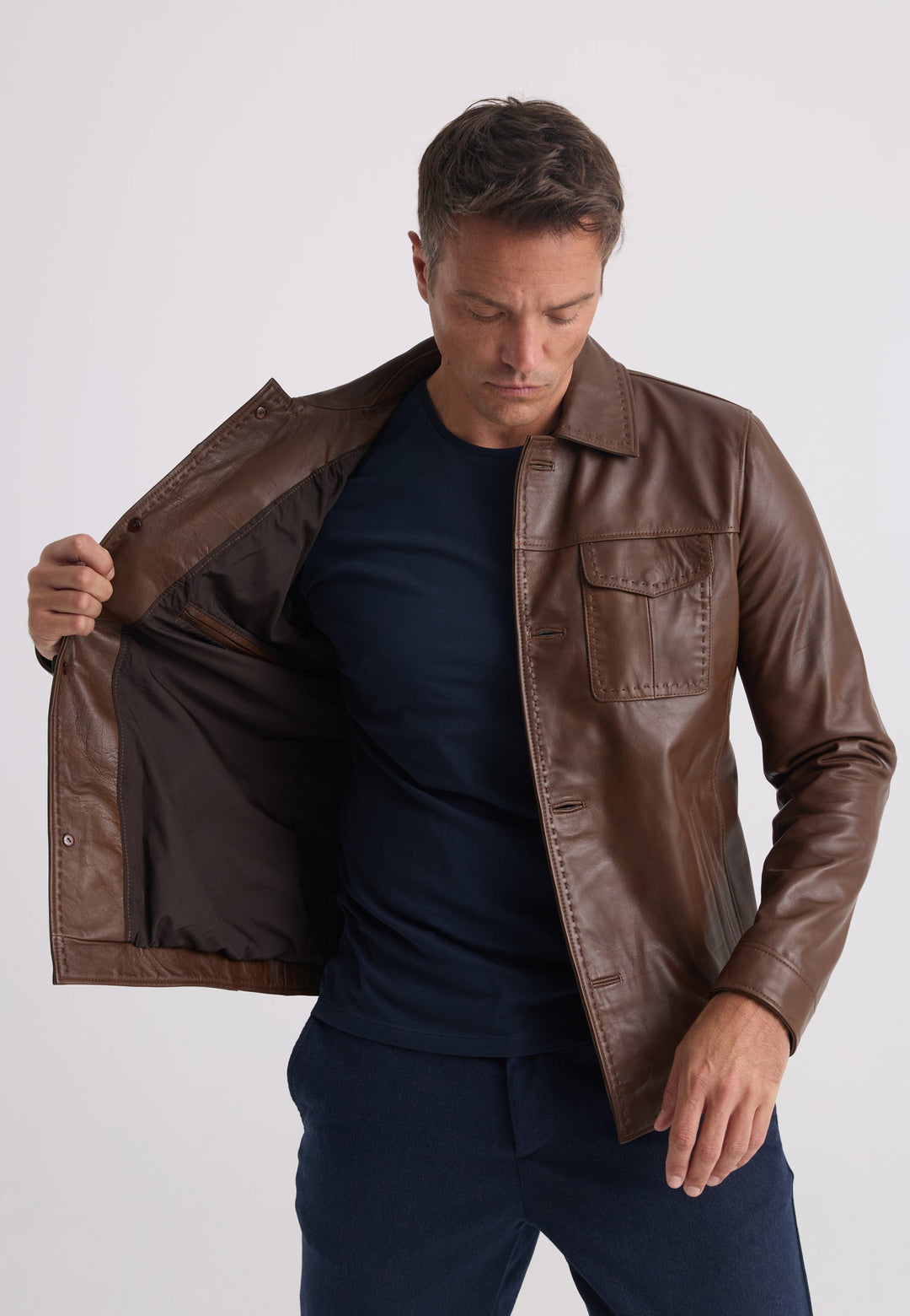 Felix Hardy Veste en Cuir Classique à Boutons pour Homme - Marron