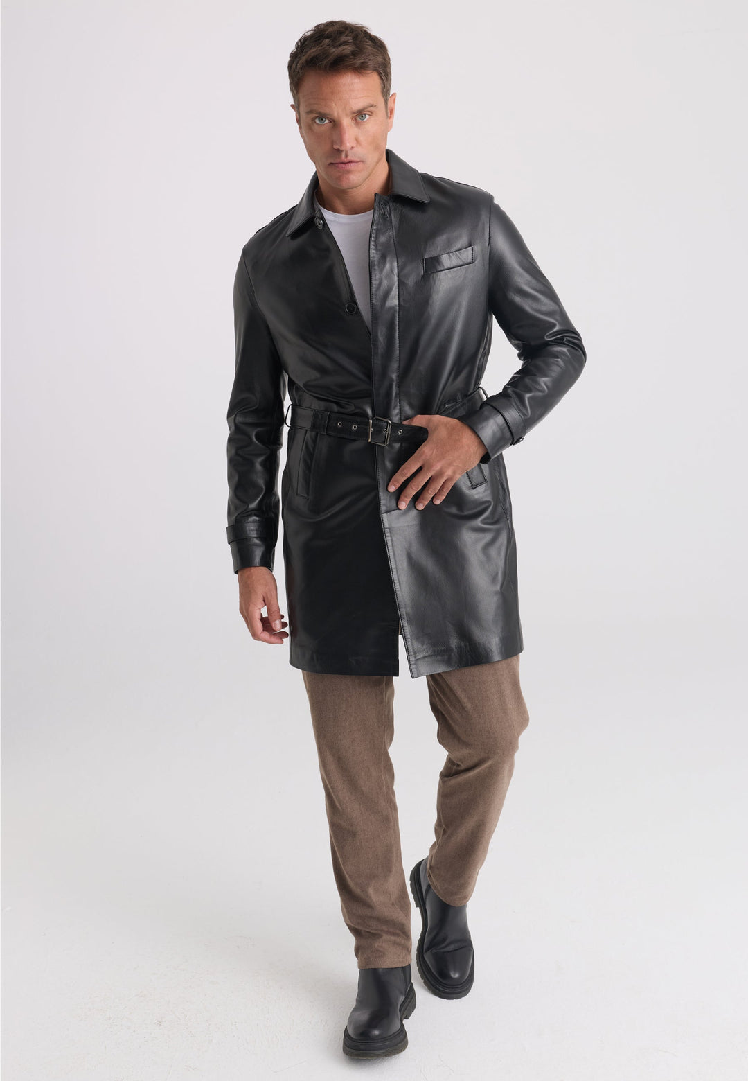Felix Hardy Veste longue en cuir véritable ceinturée pour homme - Noir