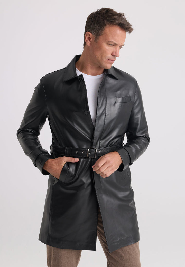 Felix Hardy Veste longue en cuir véritable ceinturée pour homme - Noir