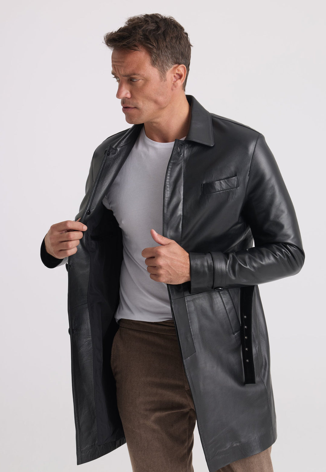 Felix Hardy Veste longue en cuir véritable ceinturée pour homme - Noir