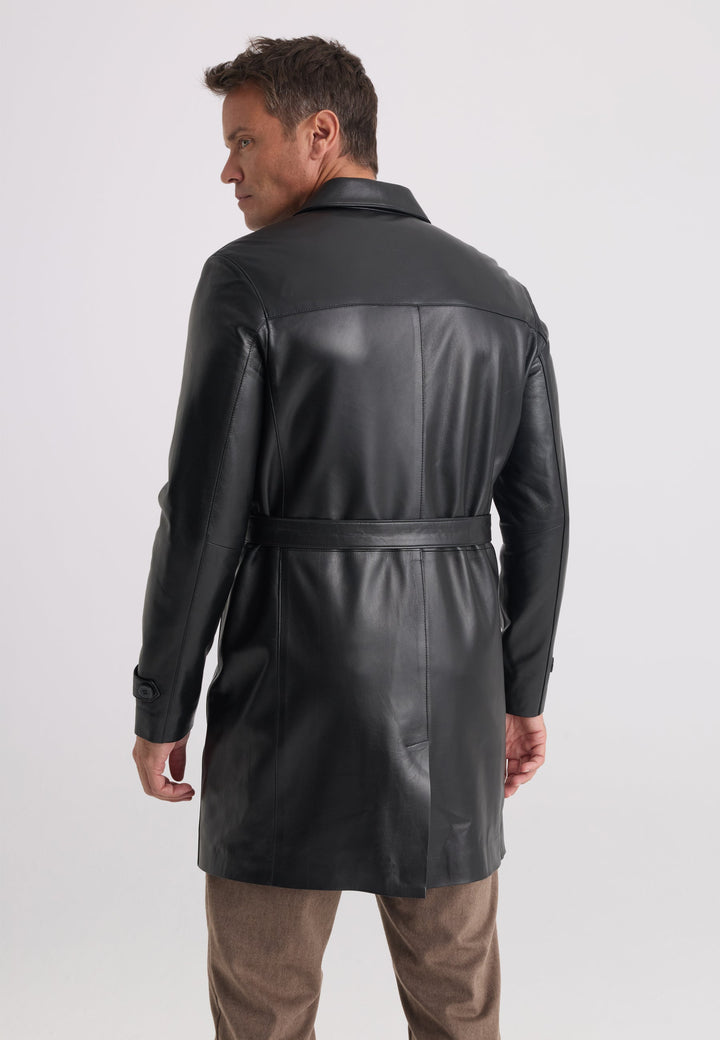 Felix Hardy Veste longue en cuir véritable ceinturée pour homme - Noir