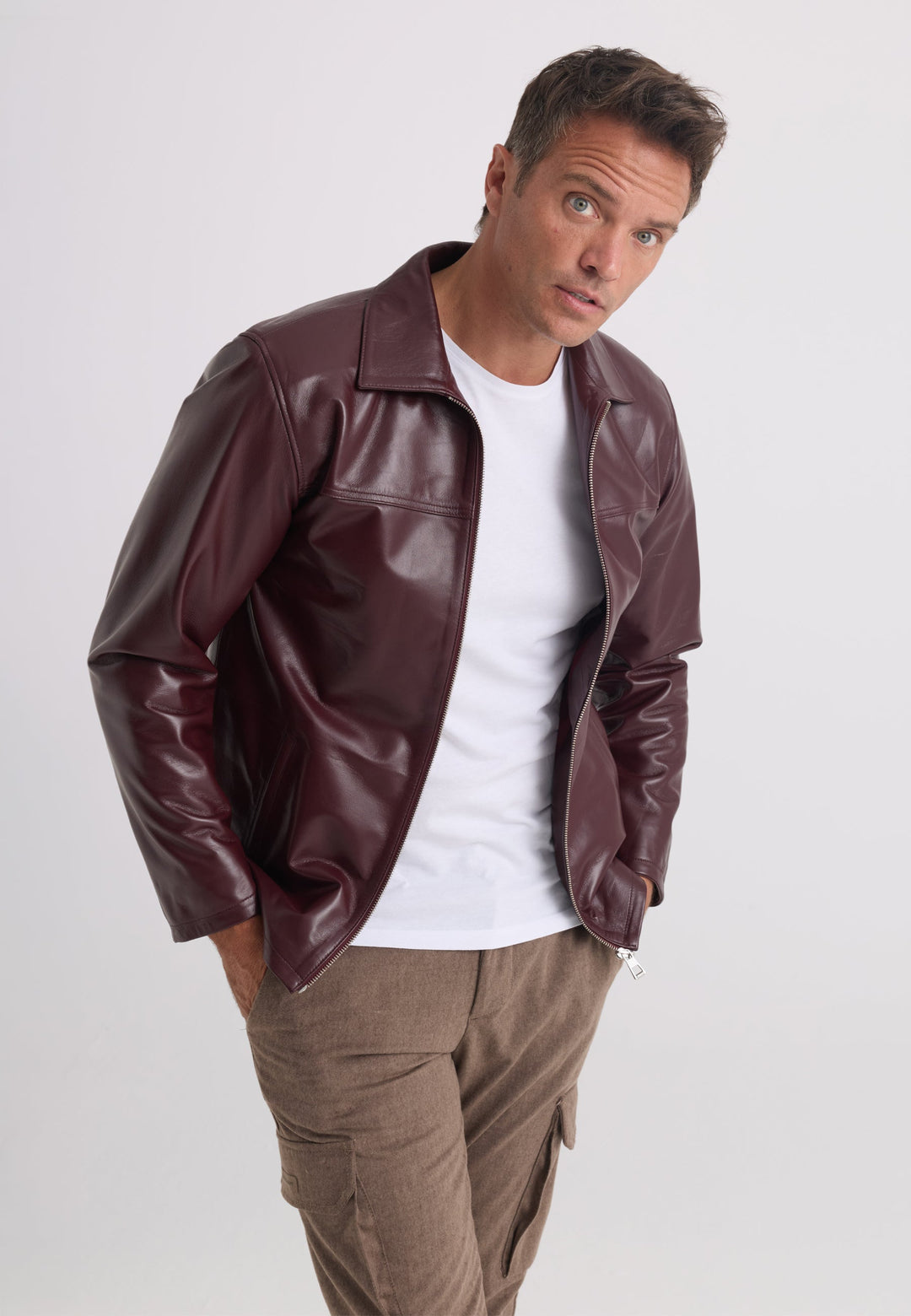 Felix Hardy Veste classique en cuir véritable zippée pour homme - Bordeaux