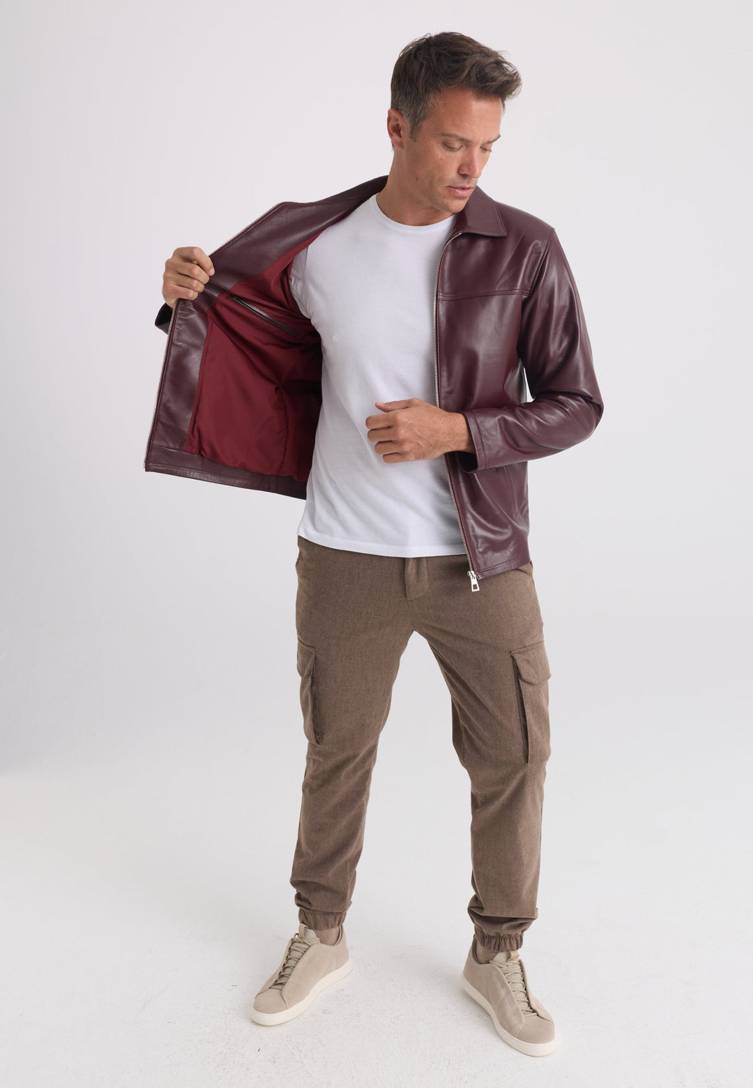 Felix Hardy Veste classique en cuir véritable zippée pour homme - Bordeaux