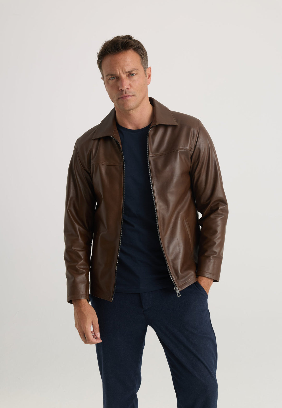 Felix Hardy Veste classique en cuir véritable zippée pour homme - Marron