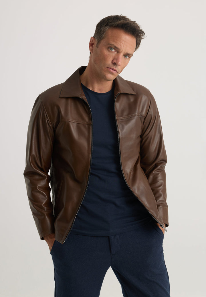 Felix Hardy Veste classique en cuir véritable zippée pour homme - Marron