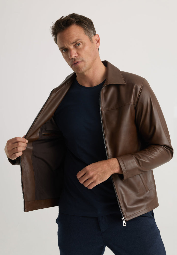 Felix Hardy Veste classique en cuir véritable zippée pour homme - Marron