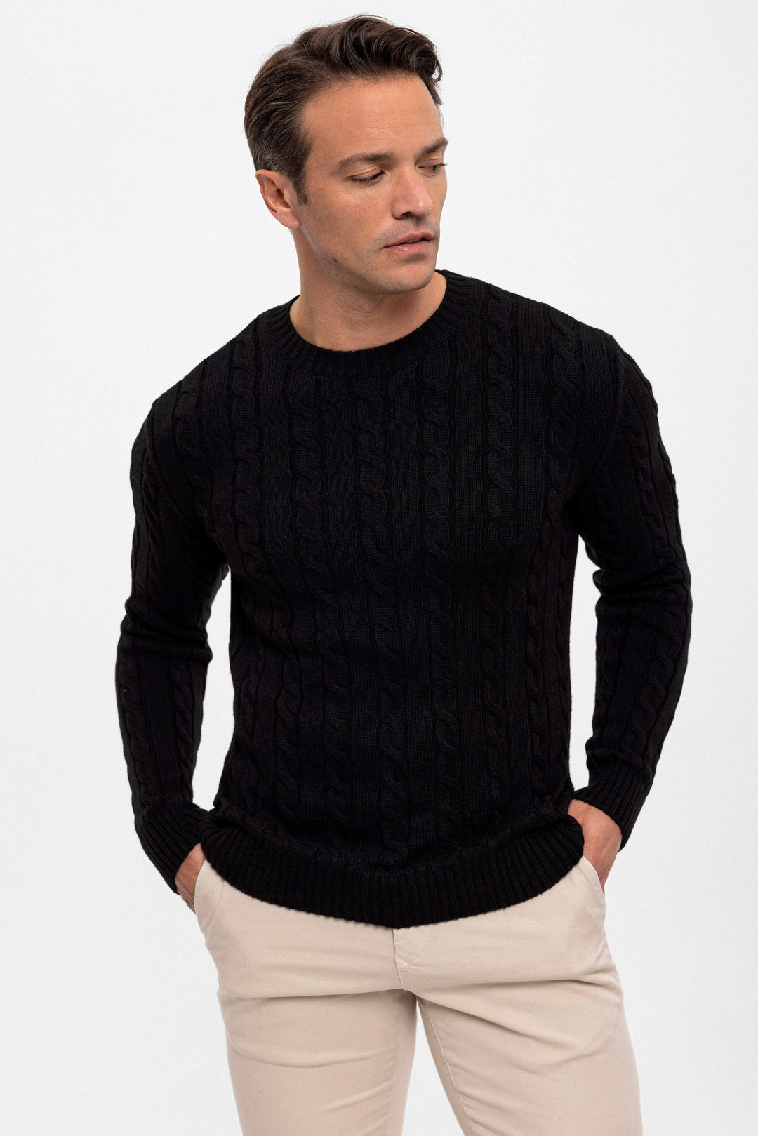 Felix Hardy Pull en tricot à col rond avec motifs tressés pour homme - Noir