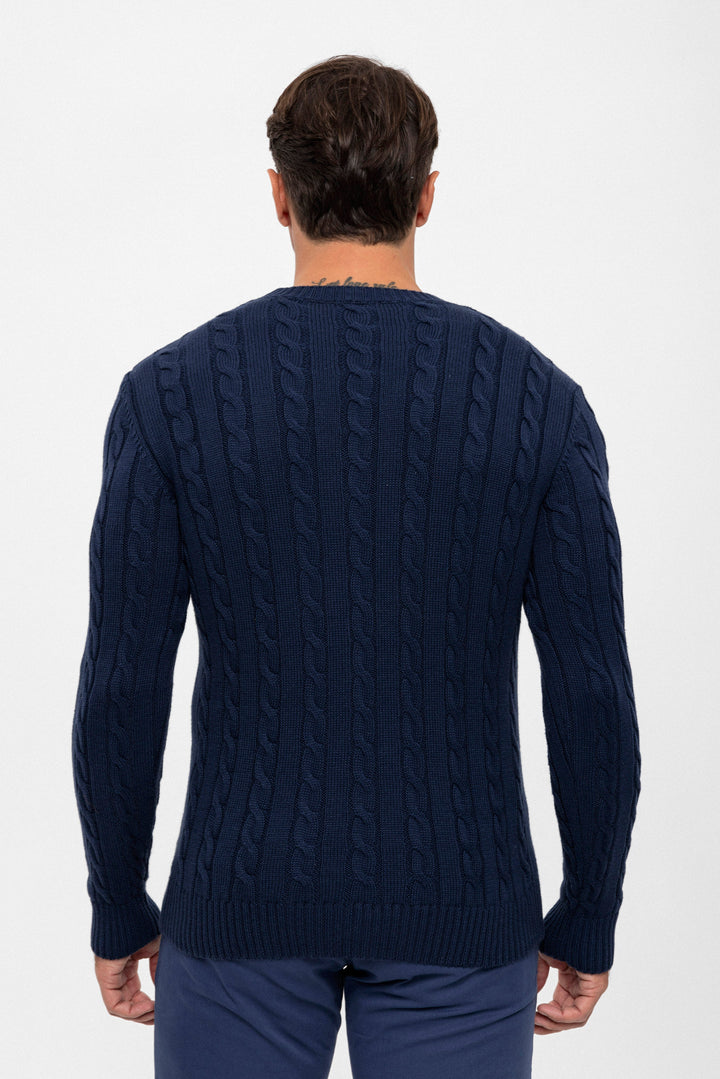 Felix Hardy Pull en tricot à col rond avec motifs tressés pour homme - Bleu marine