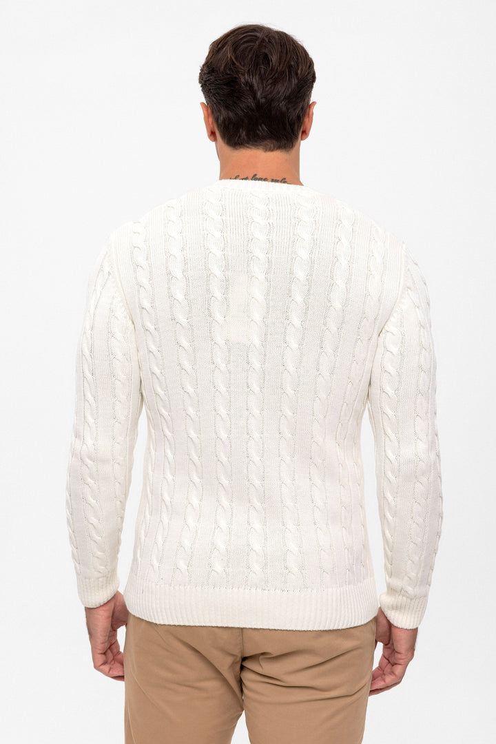 Felix Hardy Pull en tricot à col rond avec motifs tressés pour homme - Écru