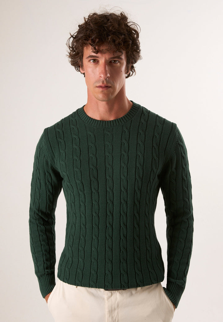 Felix Hardy Pull en tricot à col rond avec motifs tressés pour homme - Vert foncé