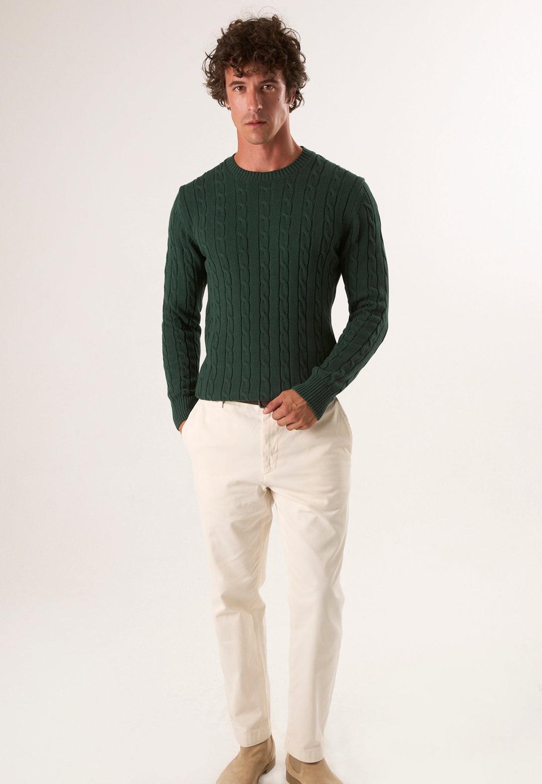Felix Hardy Pull en tricot à col rond avec motifs tressés pour homme - Vert foncé