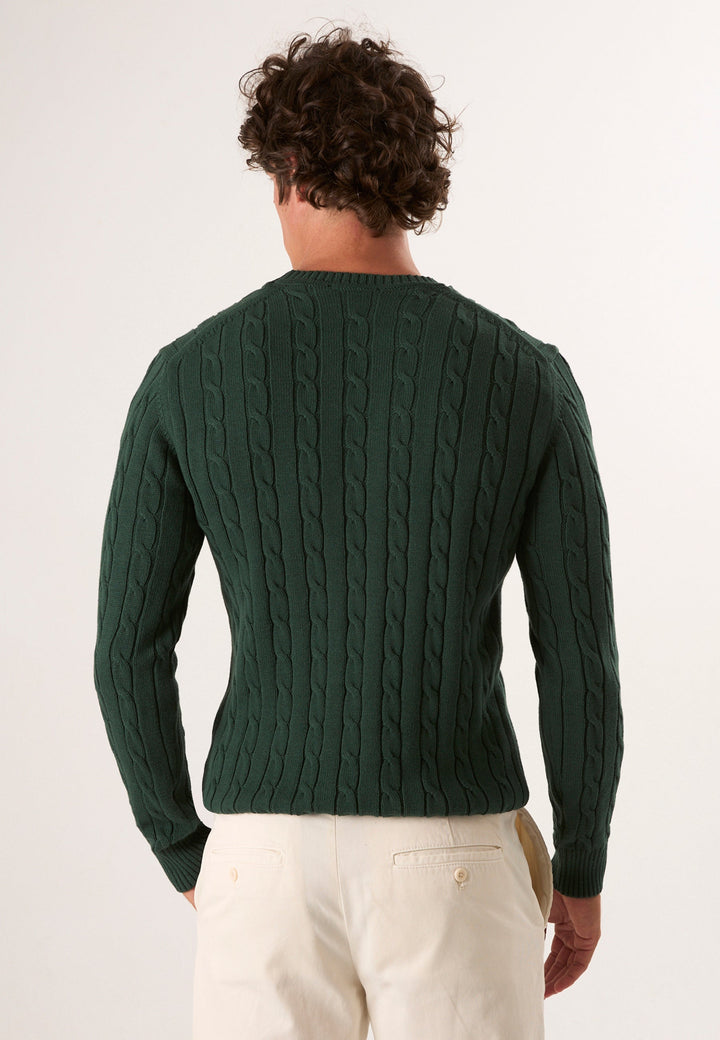 Felix Hardy Pull en tricot à col rond avec motifs tressés pour homme - Vert foncé