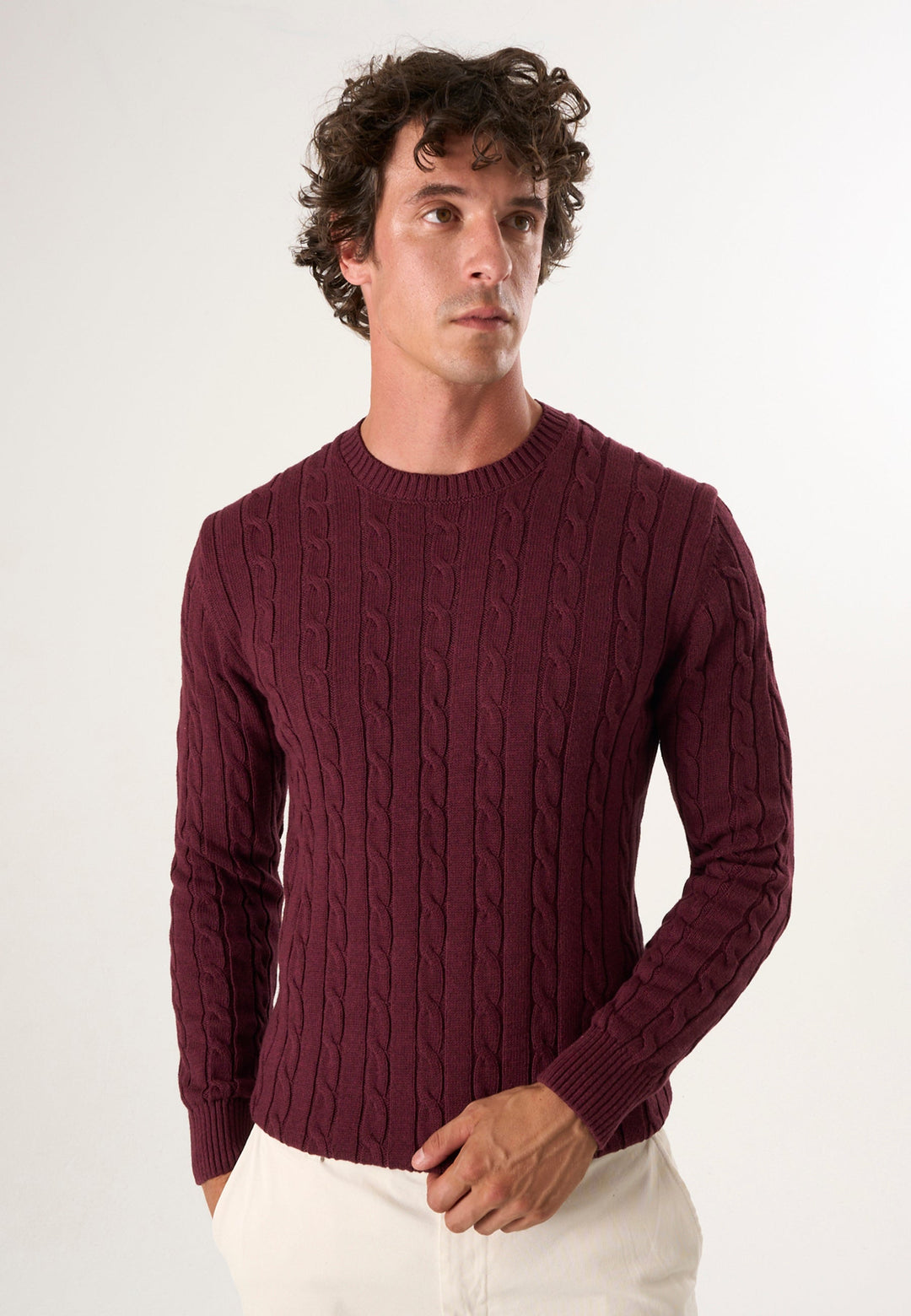 Felix Hardy Pull en tricot à col rond avec motifs tressés pour homme - Bordeaux