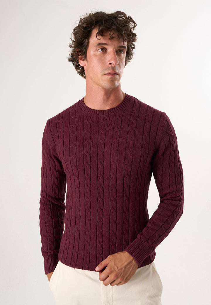 Felix Hardy Pull en tricot à col rond avec motifs tressés pour homme - Bordeaux