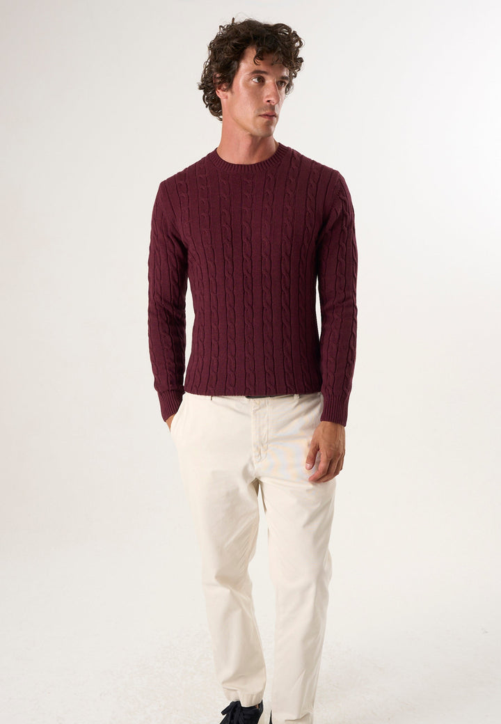 Felix Hardy Pull en tricot à col rond avec motifs tressés pour homme - Bordeaux