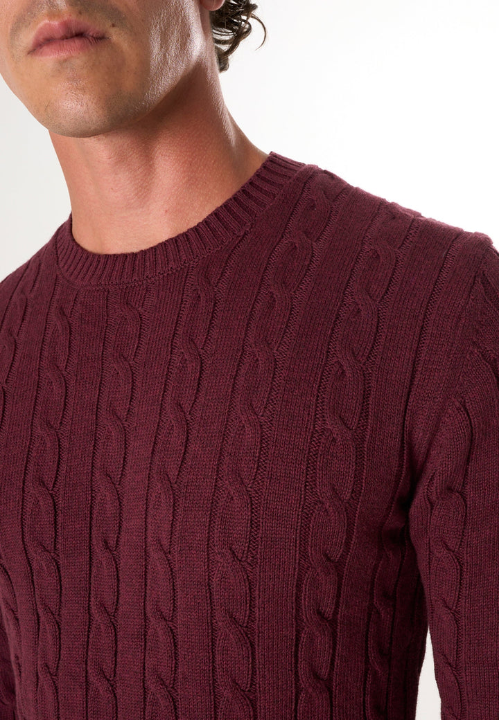 Felix Hardy Pull en tricot à col rond avec motifs tressés pour homme - Bordeaux