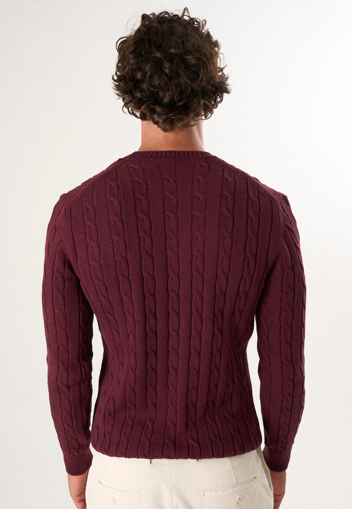 Felix Hardy Pull en tricot à col rond avec motifs tressés pour homme - Bordeaux