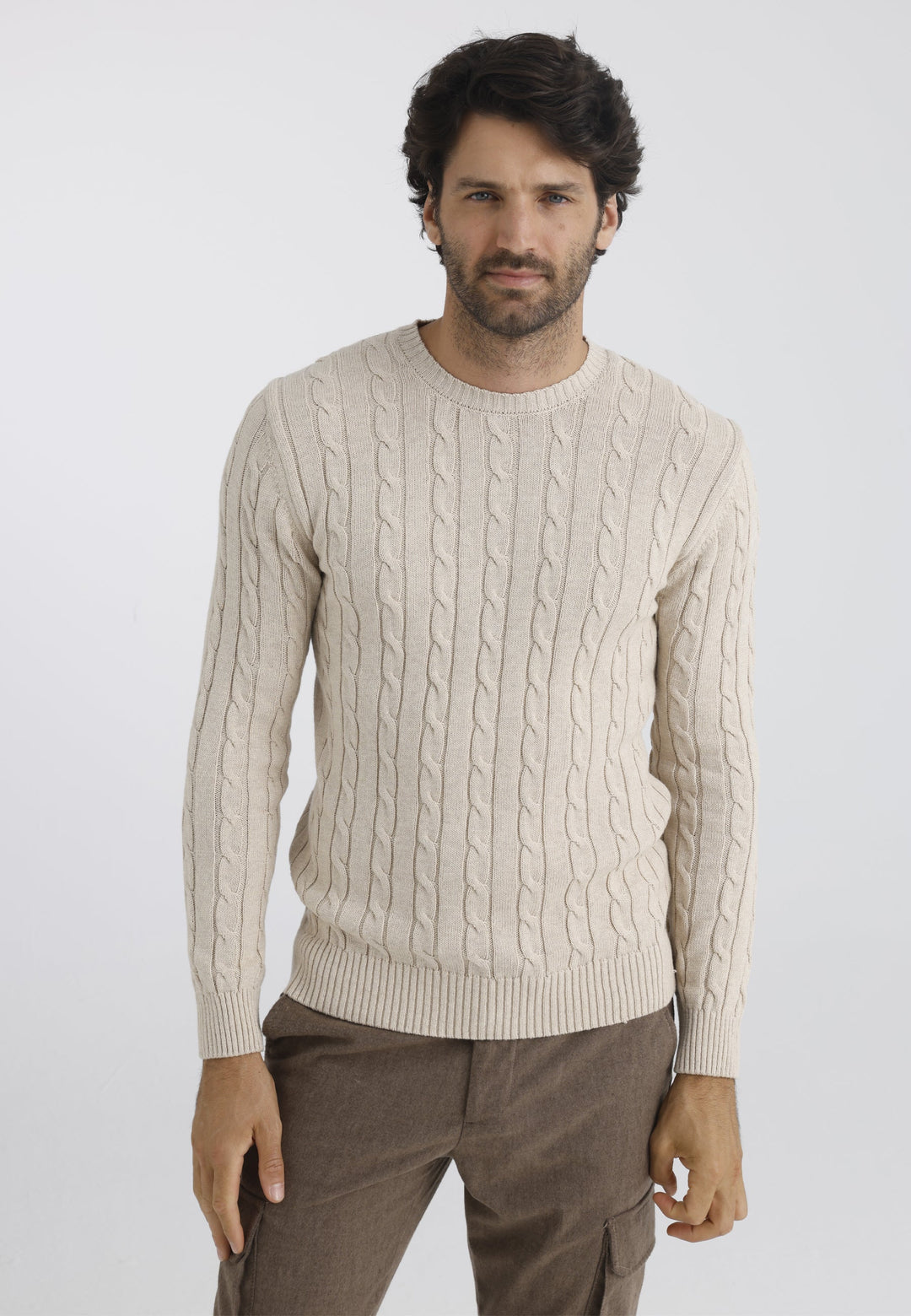 Felix Hardy Pull en tricot à col rond avec motifs tressés pour homme - Beige