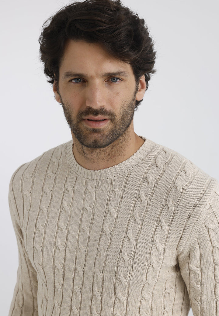 Felix Hardy Pull en tricot à col rond avec motifs tressés pour homme - Beige