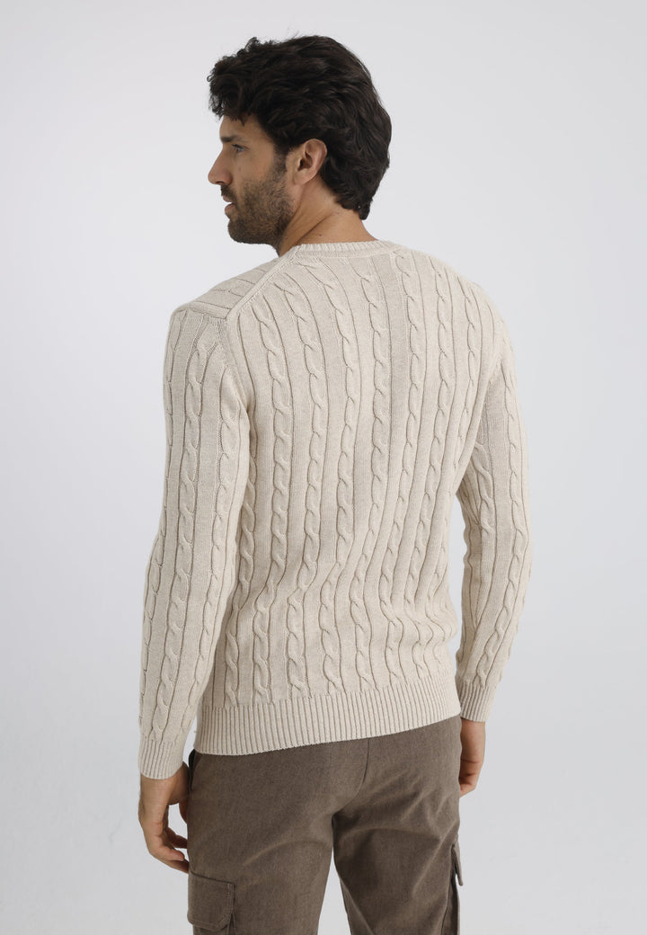 Felix Hardy Pull en tricot à col rond avec motifs tressés pour homme - Beige
