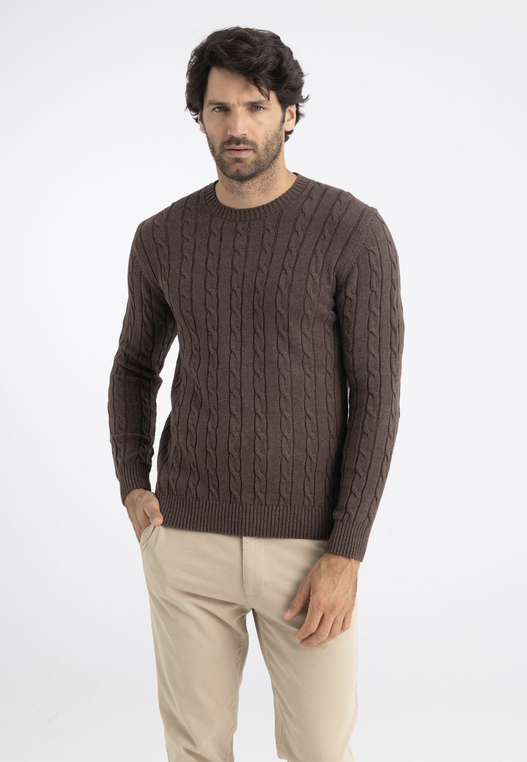 Felix Hardy Pull en tricot à col rond avec motifs tressés pour homme - Marron