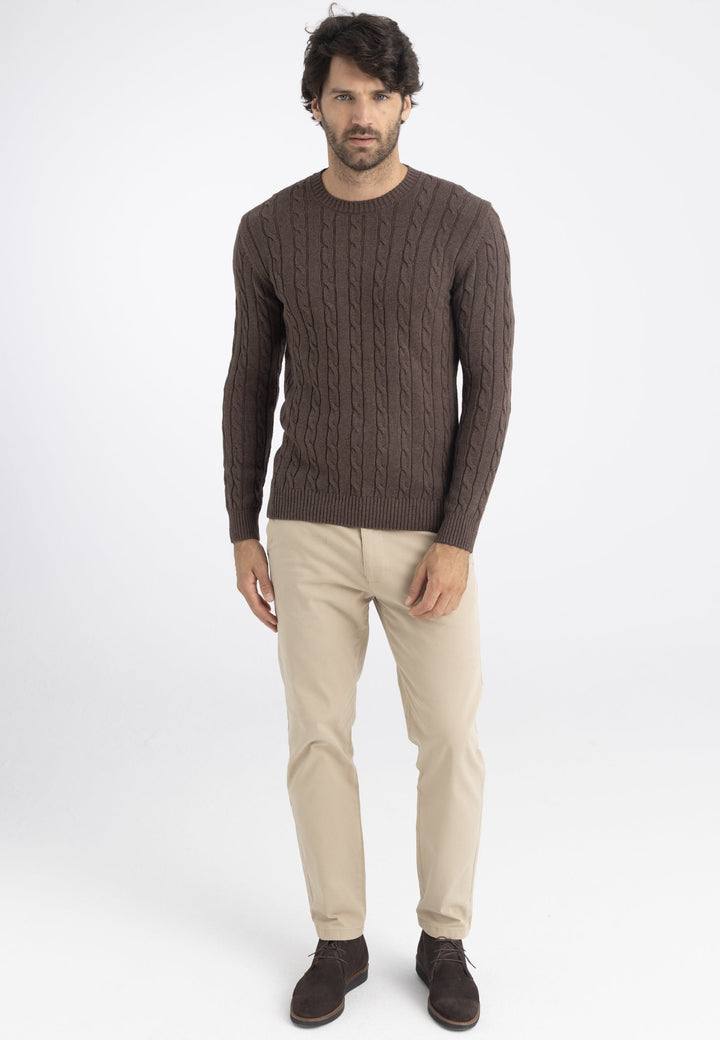 Felix Hardy Pull en tricot à col rond avec motifs tressés pour homme - Marron
