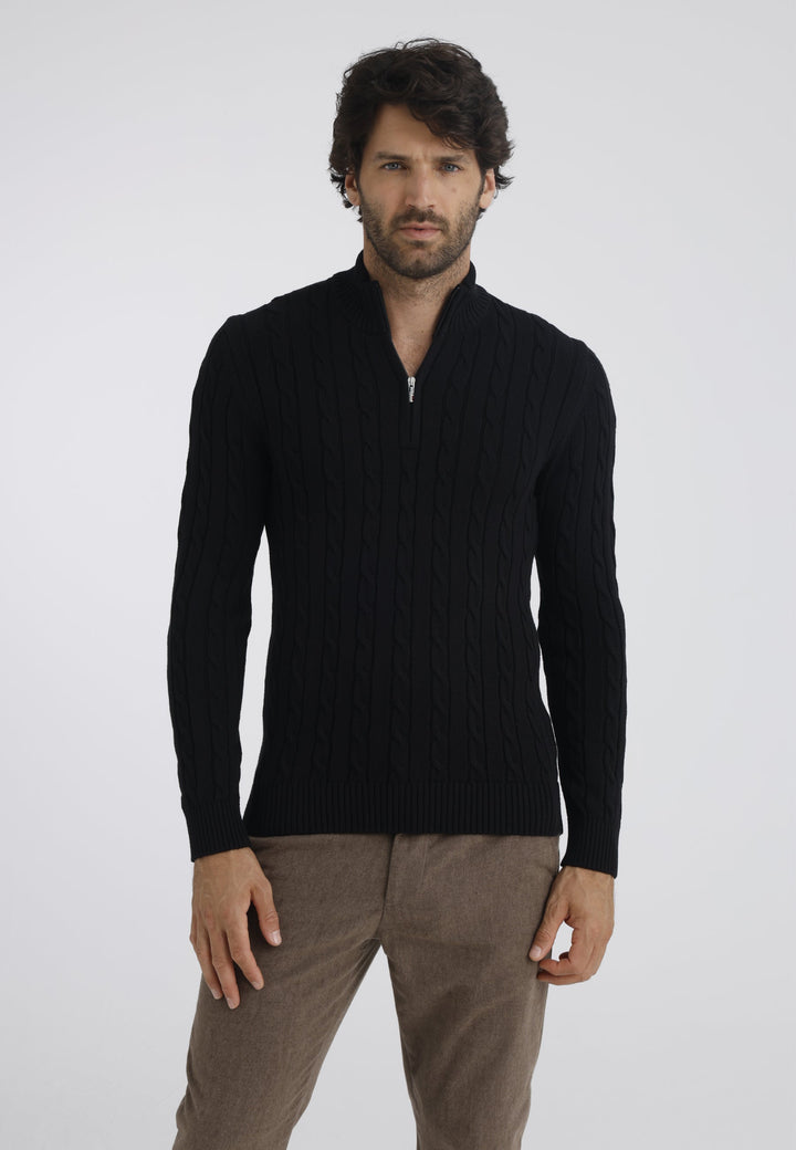 Felix Hardy Pull en tricot à demi-zip avec tresses pour homme - Noir
