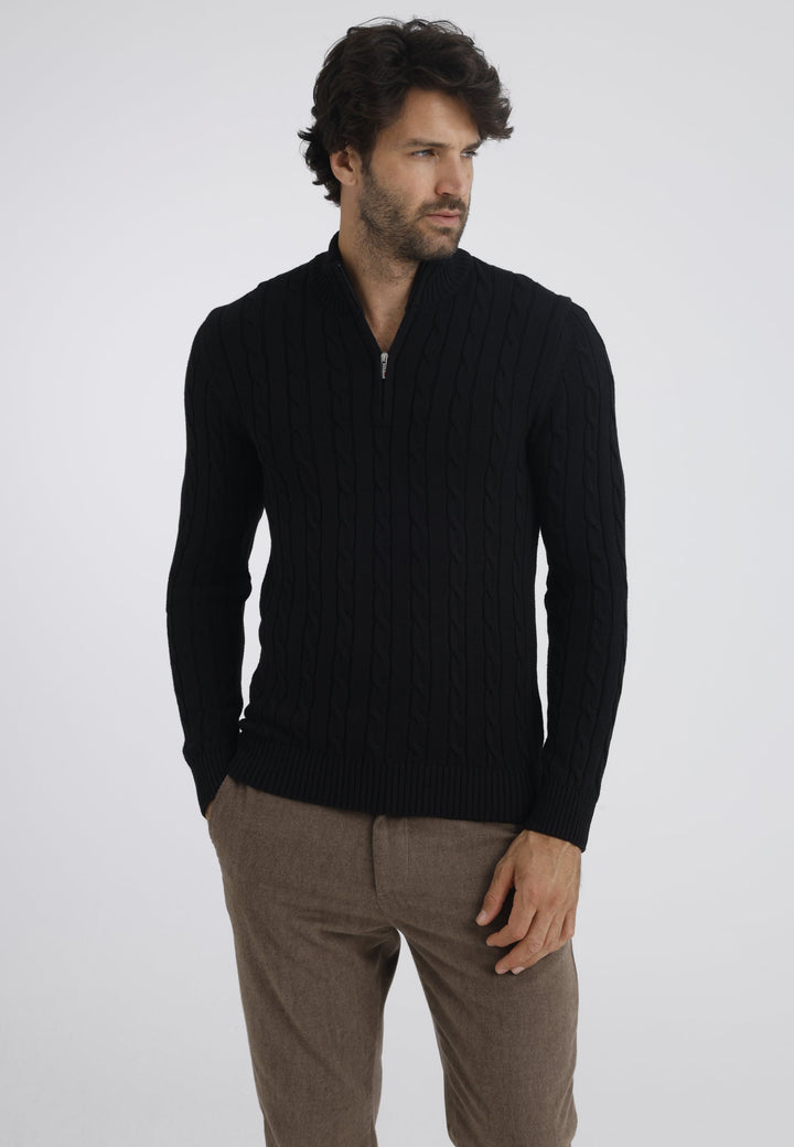 Felix Hardy Pull en tricot à demi-zip avec tresses pour homme - Noir